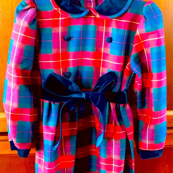 Red & navy blue Plaid long dress girls age 3-4 long sleeves Peter Pan collar - Picture 4 of 6